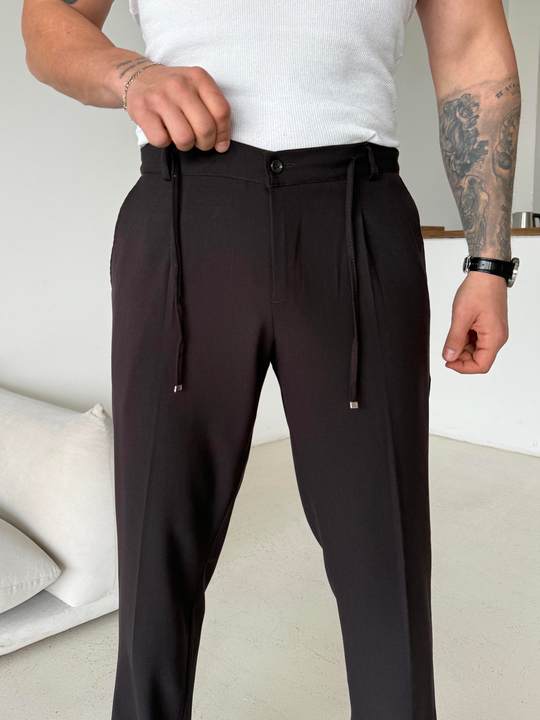 Kahve Pileli Lastikli Bağcıklı Regular Kumaş Pantalon SC