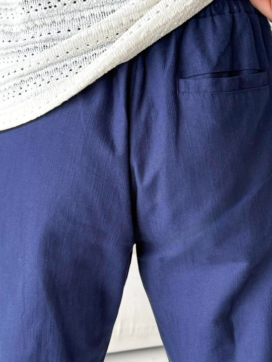 Lacivert Çizgi Keten Bağcıklı Pantalon LNS 23124