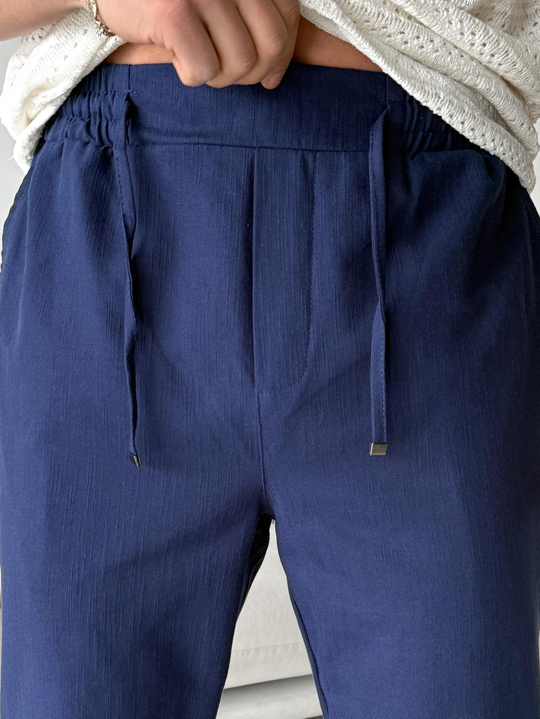 Lacivert Çizgi Keten Bağcıklı Pantalon LNS 23124