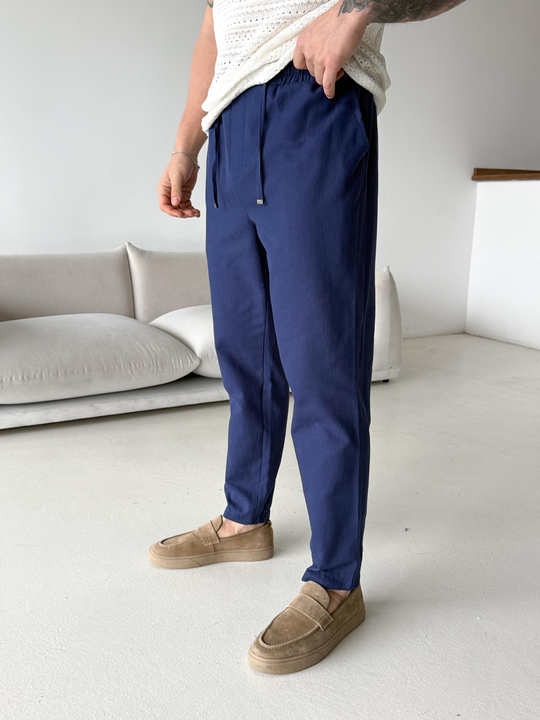 Lacivert Çizgi Keten Bağcıklı Pantalon LNS 23124