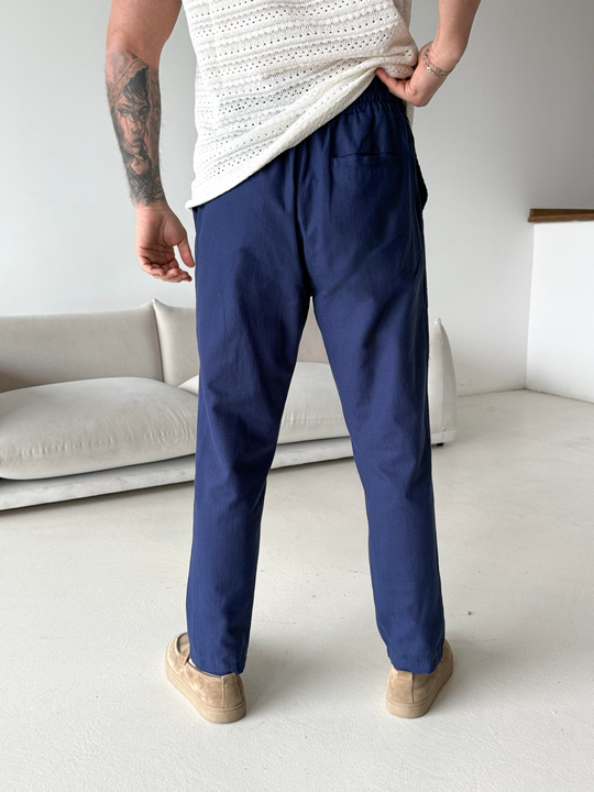Lacivert Çizgi Keten Bağcıklı Pantalon LNS 23124