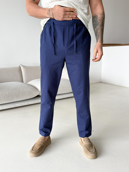 Lacivert Çizgi Keten Bağcıklı Pantalon LNS 23124