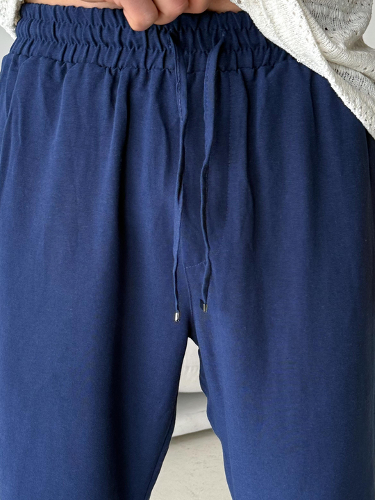 Lacivert Ham Keten Bol Bağcıklı Pantalon LNS 23115