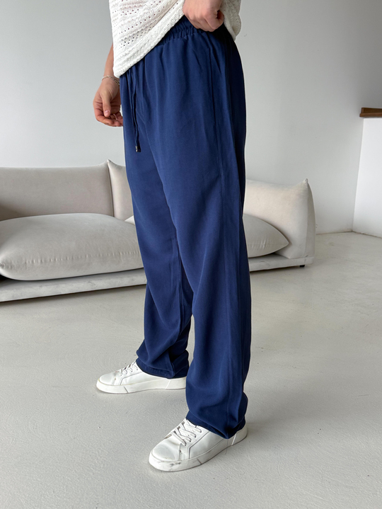 Lacivert Ham Keten Bol Bağcıklı Pantalon LNS 23115