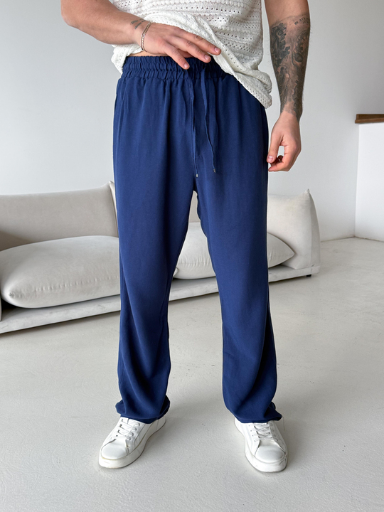 Lacivert Ham Keten Bol Bağcıklı Pantalon LNS 23115