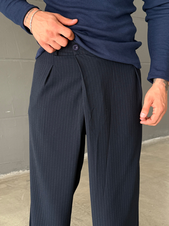 Lacivert İnce Detay Çizgili Baggy Kumaş Pantalon SNZ 1471