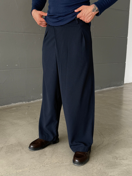 Lacivert İnce Detay Çizgili Baggy Kumaş Pantalon SNZ 1471
