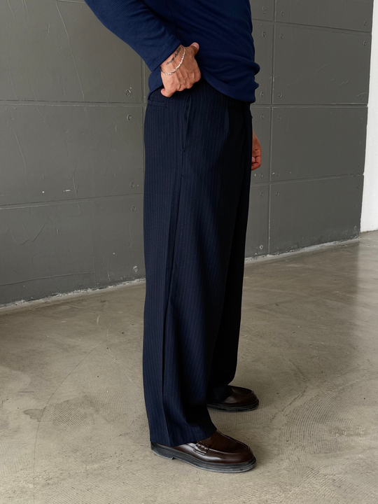 Lacivert İnce Detay Çizgili Baggy Kumaş Pantalon SNZ 1471