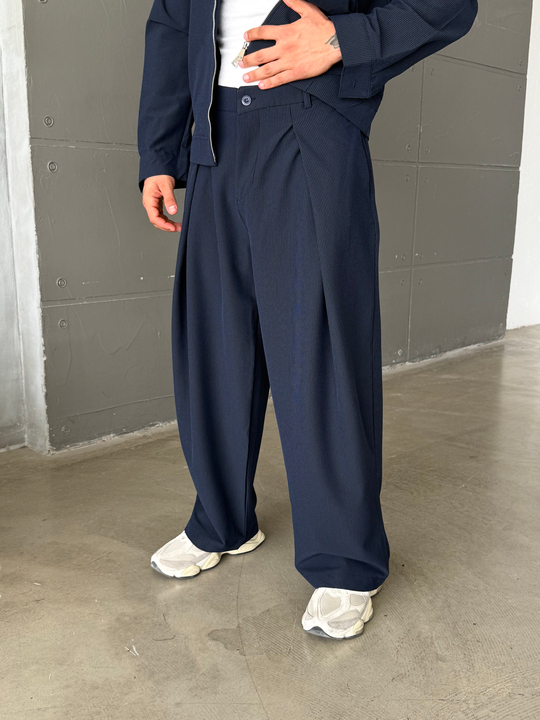 Lacivert Kore Kalıp Çizgili Bol Pantalon SNZ 1445