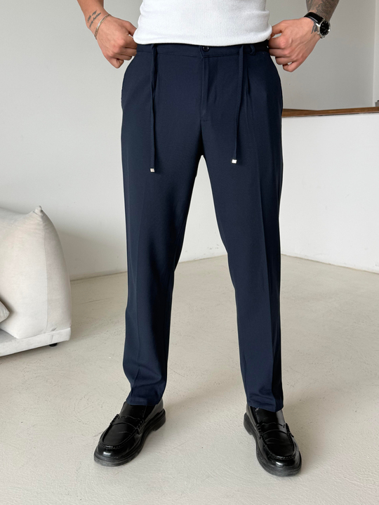 Lacivert Pileli Lastikli Bağcıklı Regular Kumaş Pantalon SC