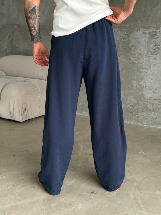 Lacivert Yumuşak Ham Keten Super Baggy Pantalon 40229 BRR