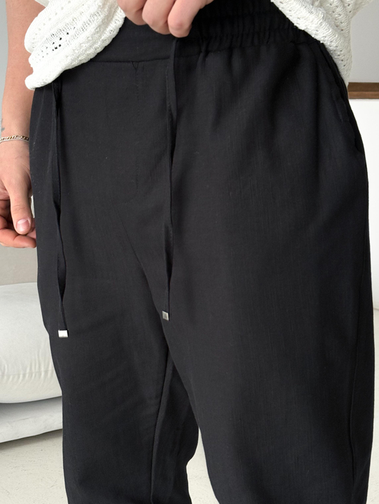 Siyah Çizgi Keten Bağcıklı Pantalon LNS 23124