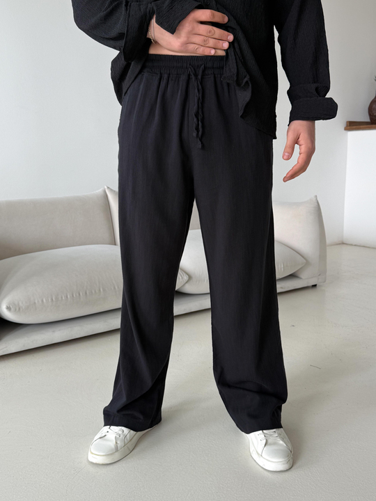 Siyah Fresh Yıkamalı Keten Pantalon JJ Y116