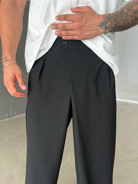 Siyah İnce Detay Çizgili Baggy Kumaş Pantalon SNZ 1471