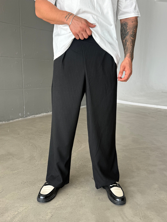 Siyah İnce Detay Çizgili Baggy Kumaş Pantalon SNZ 1471