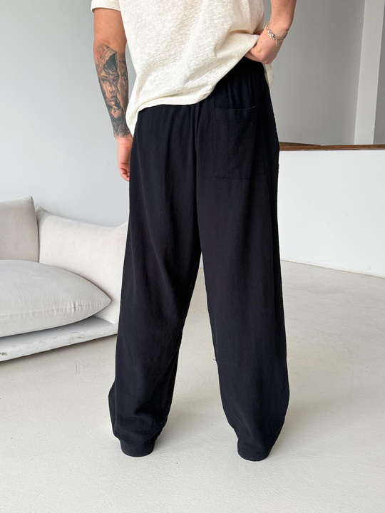 Siyah Keten Baggy Yarı Lastikli Pantalon PNC 4060