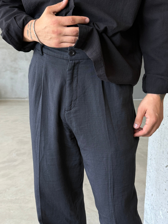 Siyah Yumuşak Doku Keten Pantalon SNZ 1421