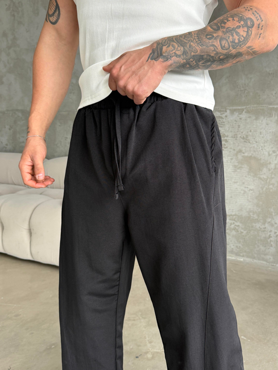 Siyah Yumuşak Ham Keten Super Baggy Pantalon 40229 BRR