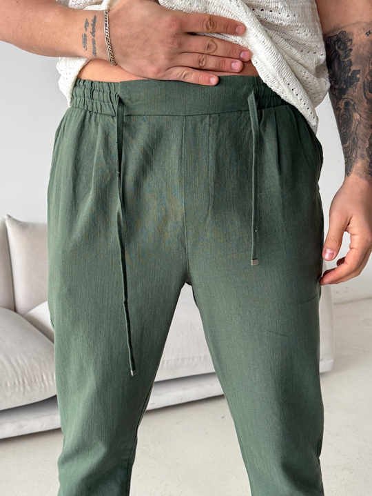 Yeşil Çizgi Keten Bağcıklı Pantalon LNS 23124