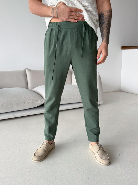 Yeşil Çizgi Keten Bağcıklı Pantalon LNS 23124