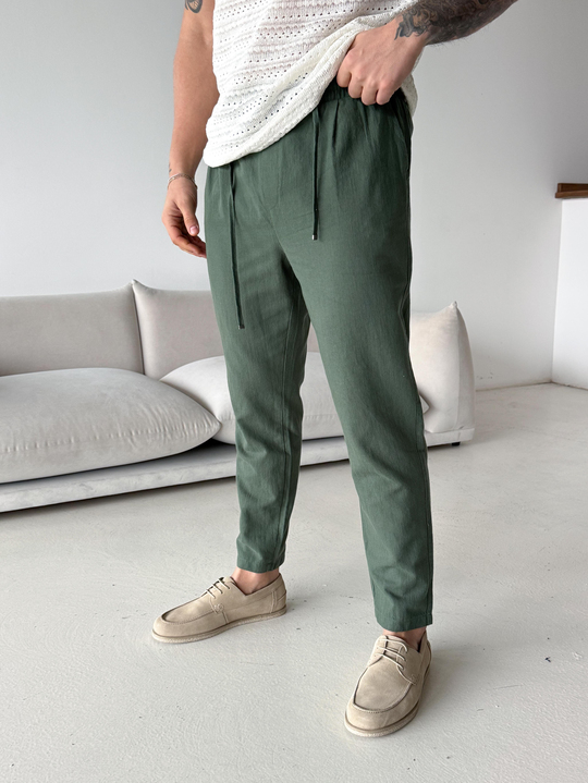 Yeşil Çizgi Keten Bağcıklı Pantalon LNS 23124