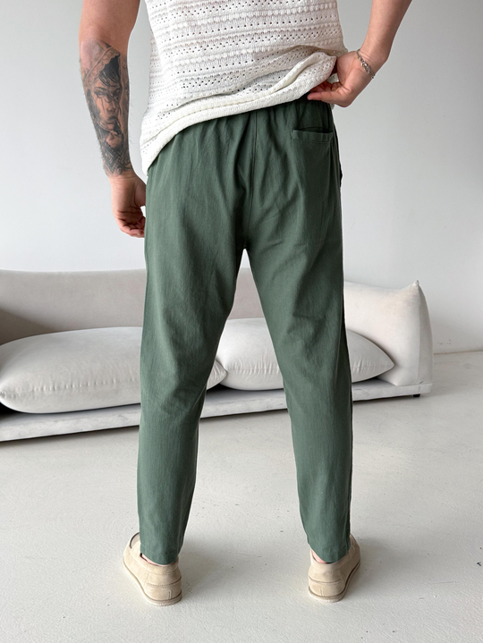 Yeşil Çizgi Keten Bağcıklı Pantalon LNS 23124