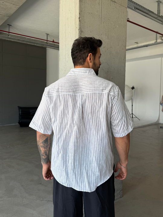 Beyaz Çizgili Keten Kısa Kol Gömlek PNC 2594