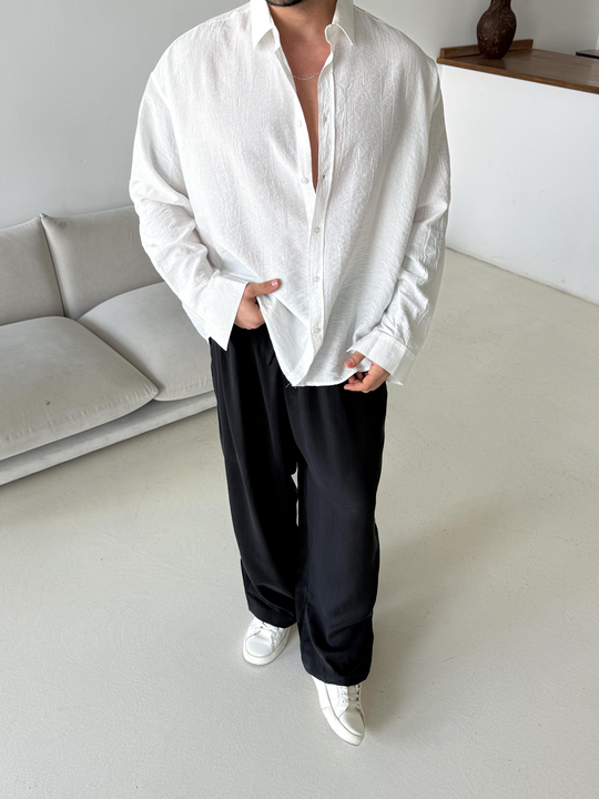 Beyaz Düz Krinkıl Detaylı Oversize Gömlek PLZ 26309