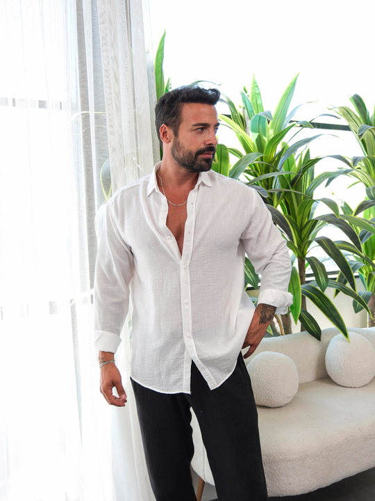 Beyaz Düz Oversize Keten Gömlek VS4050