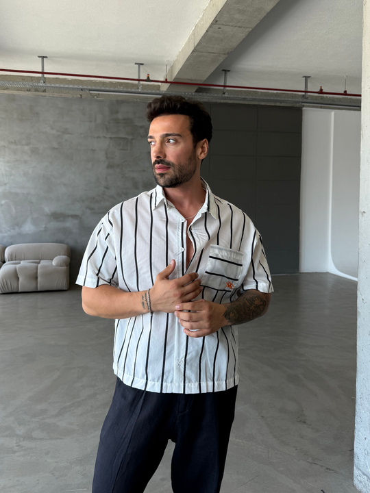 Beyaz Göğüs Cep Nakışlı Çizgili Gömlek SNZ 1524