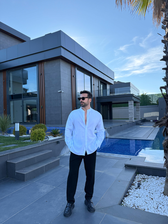 Beyaz Hakim Yaka Pamuk Keten Gömlek SNZ 1109