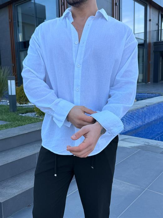 Beyaz Krinkıl Pamuk Oversize Gömlek SNZ 1003