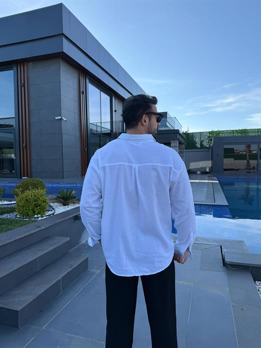 Beyaz Krinkıl Pamuk Oversize Gömlek SNZ 1003