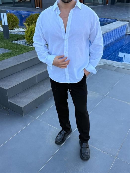 Beyaz Krinkıl Pamuk Oversize Gömlek SNZ 1003