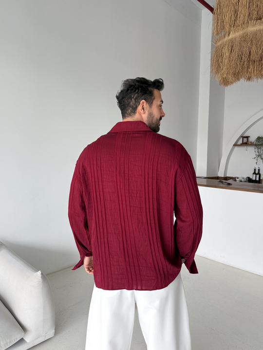 Bordo Dört çizgili Pamuk Gömlek PNC 2538