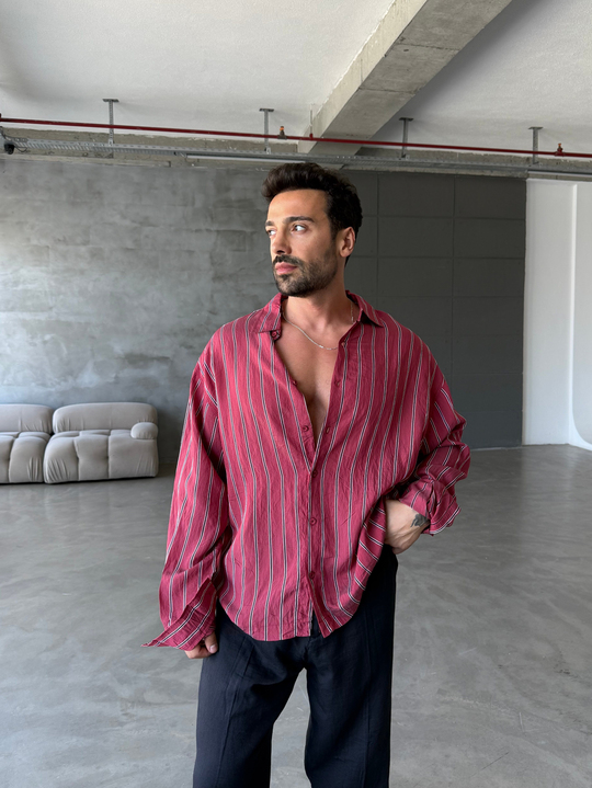 Bordo İnce Kalın Çizgili Pamuk Gömlek SNZ 1439
