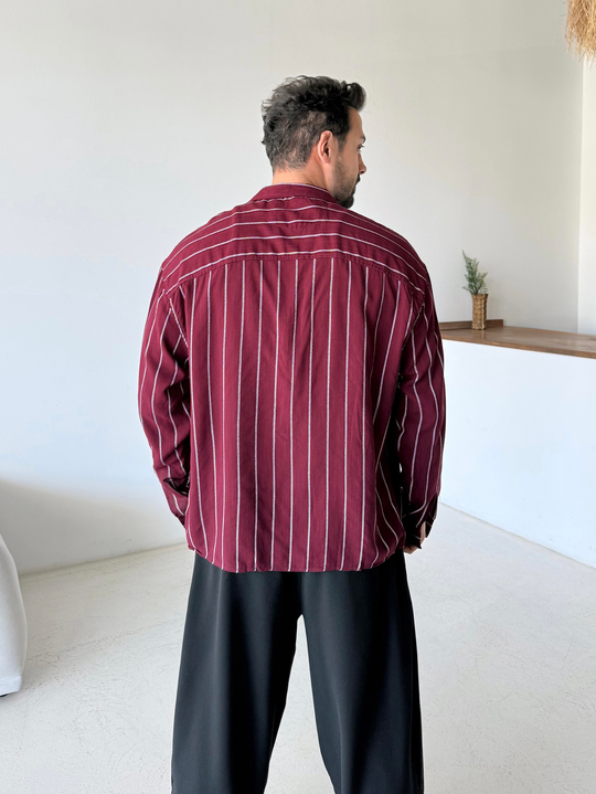 Bordo Pamuk Beyaz İşleme Desenli Gömlek SF