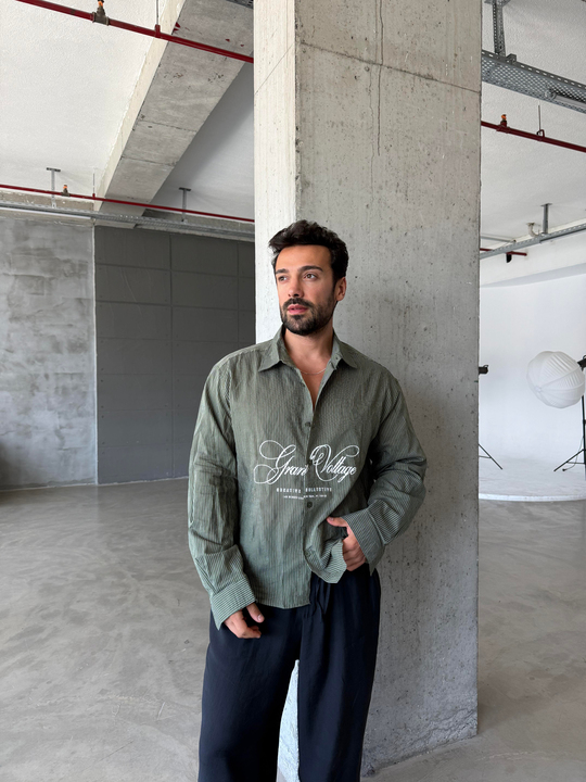 Haki Voltage Nakış Çizgili Boxy Gömlek PNC 2590