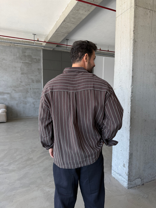 Kahve Dikiş ve Nakış Detaylı Gömlek SNZ 1377