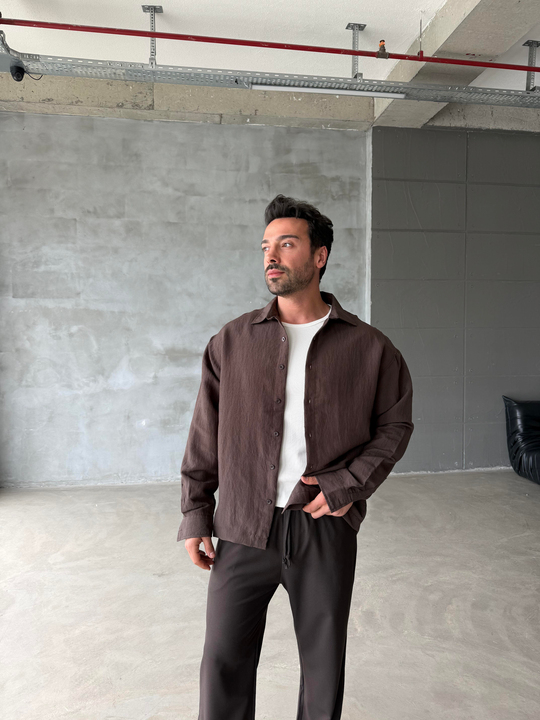 Kahve Dikişli Modal Yumuşak Doku Gömlek 1347 SNZ