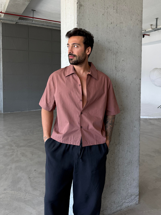 Kahve Kısa Kol Pamuk Basic Boxy Gömlek PNC 2580