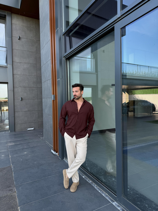 Kahve Krinkıl Pamuk Oversize Gömlek SNZ 1003