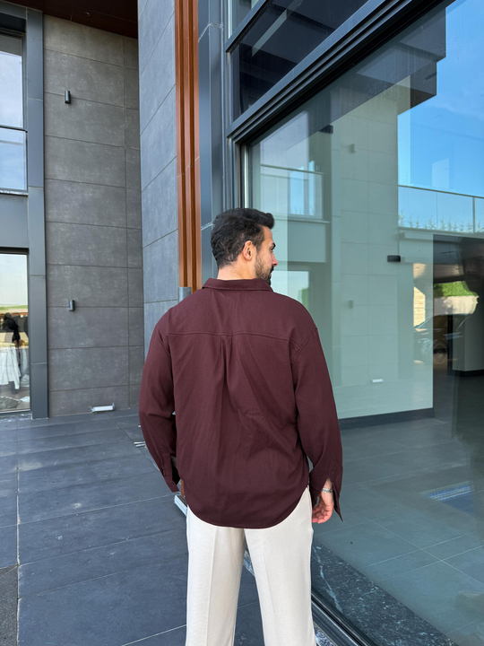 Kahve Krinkıl Pamuk Oversize Gömlek SNZ 1003