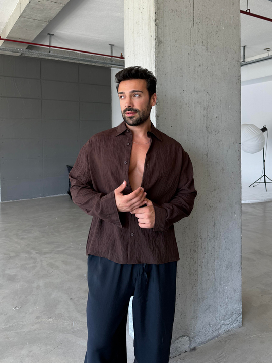 Kahve Üç Dikiş Detaylı Modal Gömlek PNC 2531