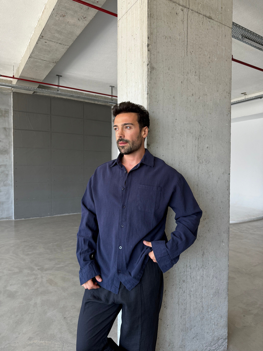Lacivert Göğüs Cepli Ham Keten Gömlek SNZ 1318
