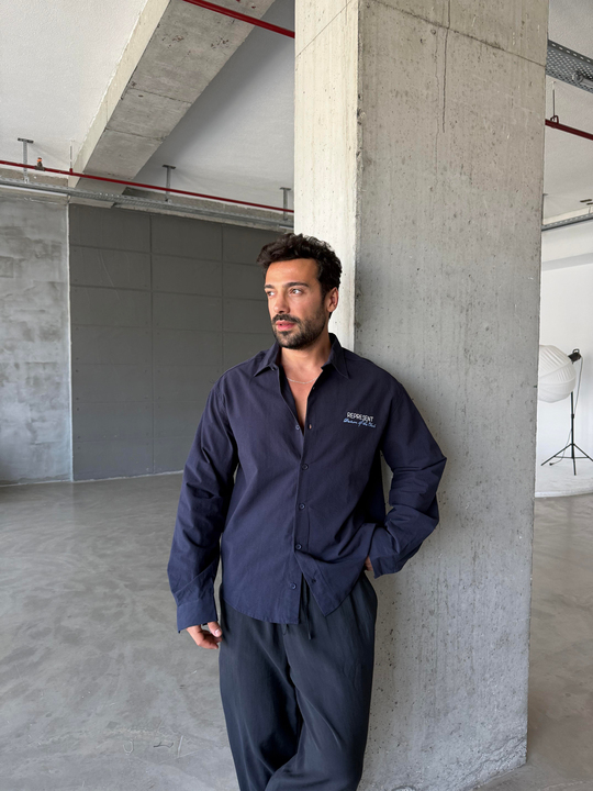 Lacivert Represent Nakış Boxy Gömlek PNC 2551