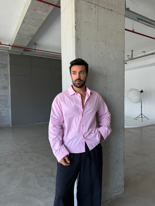 Pembe Poplin Uzun Kol Pamuk Boxy Gömlek PNC 2541