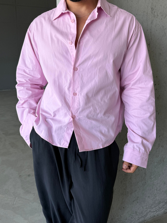 Pembe Poplin Uzun Kol Pamuk Boxy Gömlek PNC 2541