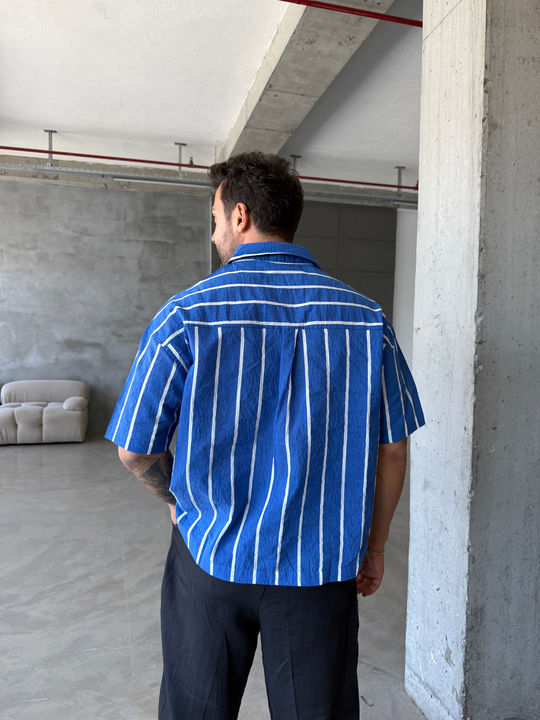 Saksmavi Göğüs Cep Nakışlı Çizgili Gömlek SNZ 1524