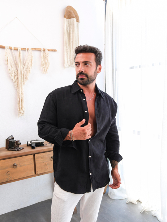 Siyah Düz Oversize Keten Gömlek VS4050